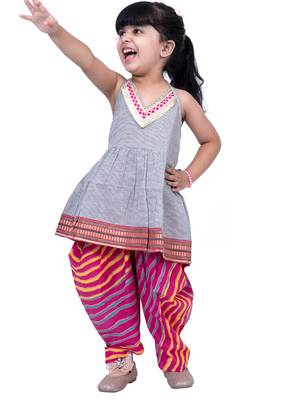cotton sleeveless stripe design top with dhoti - grey & pink 1