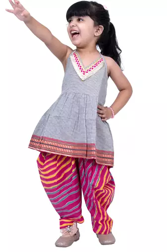 cotton sleeveless stripe design top with dhoti - grey & pink