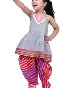 cotton sleeveless stripe design top with dhoti - grey & pink