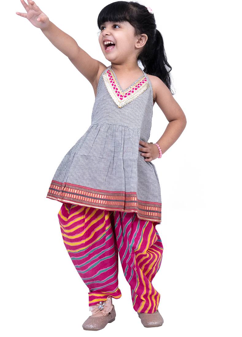 cotton sleeveless stripe design top with dhoti - grey & pink