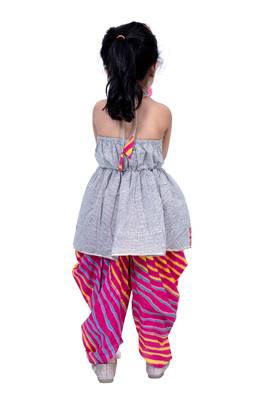 cotton sleeveless stripe design top with dhoti - grey & pink 2