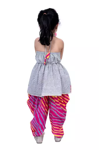 cotton sleeveless stripe design top with dhoti - grey & pink