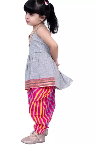 cotton sleeveless stripe design top with dhoti - grey & pink