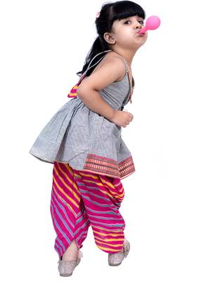 cotton sleeveless stripe design top with dhoti - grey & pink 4