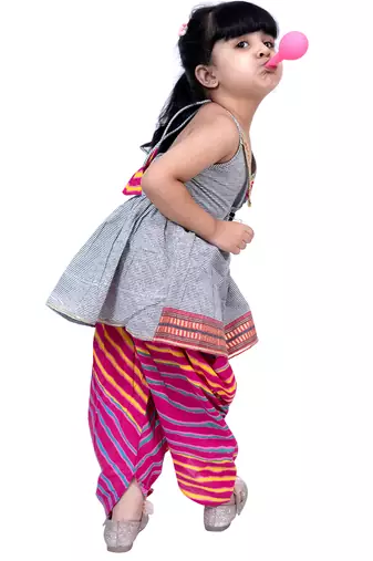 cotton sleeveless stripe design top with dhoti - grey & pink