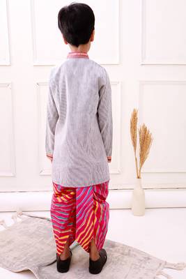 cotton fullsleeves stripe design kurta with dhoti - grey & pink 2