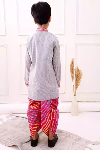 cotton fullsleeves stripe design kurta with dhoti - grey & pink