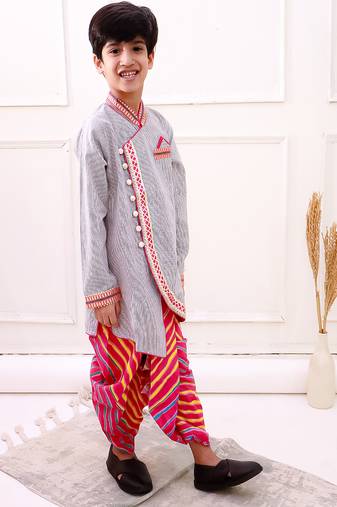 cotton fullsleeves stripe design kurta with dhoti - grey & pink