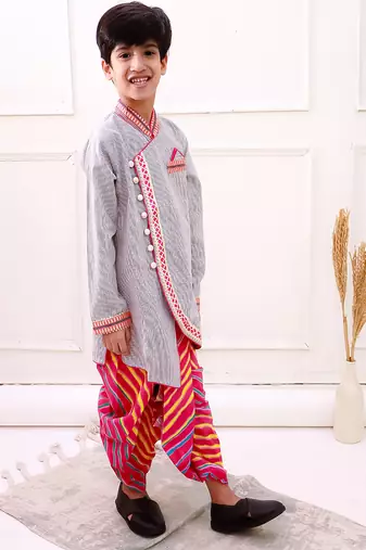 cotton fullsleeves stripe design kurta with dhoti - grey & pink