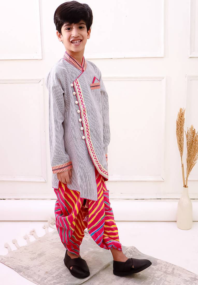 cotton fullsleeves stripe design kurta with dhoti - grey & pink