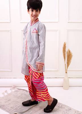 cotton fullsleeves stripe design kurta with dhoti - grey & pink 3