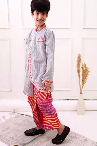 cotton fullsleeves stripe design kurta with dhoti - grey & pink