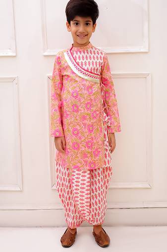 cotton fullsleeves all over printed  kurta with dhoti - peach & white