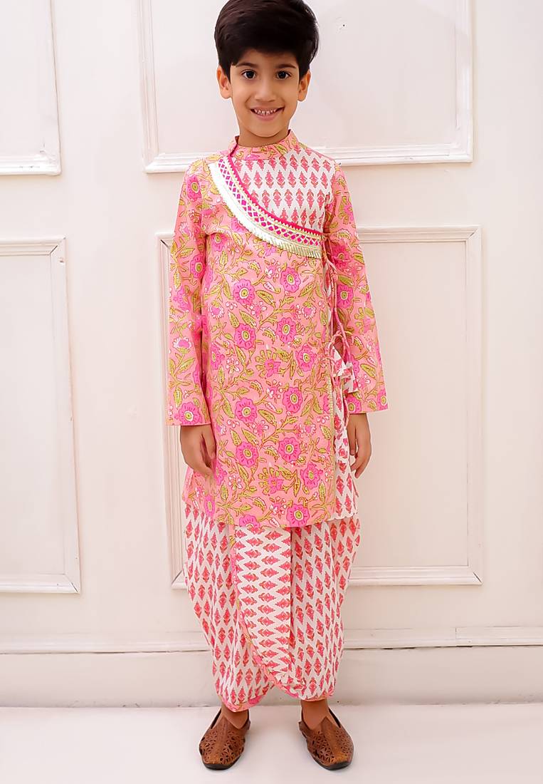 cotton fullsleeves all over printed  kurta with dhoti - peach & white