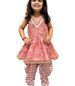 cotton sleeveless all over printed top with dhoti - peach & white