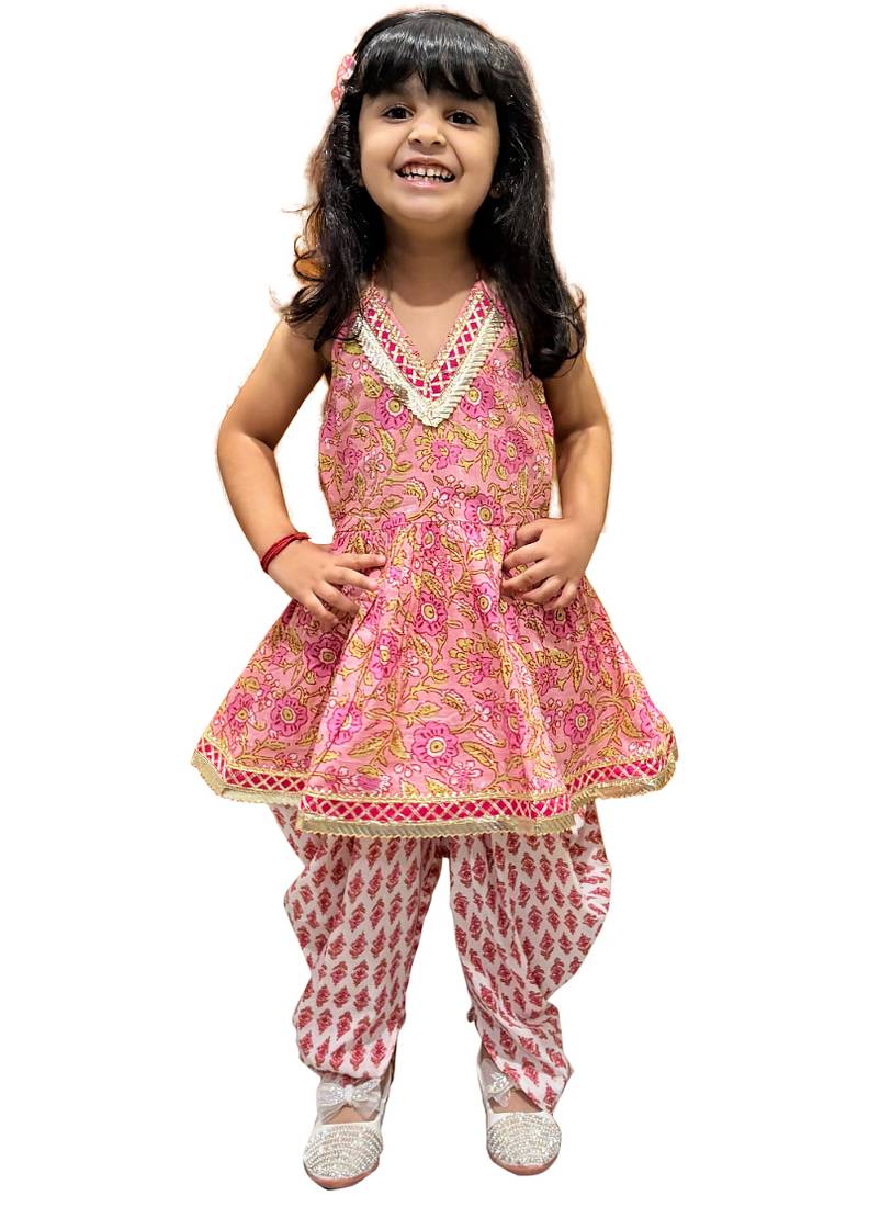 cotton sleeveless all over printed top with dhoti - peach & white