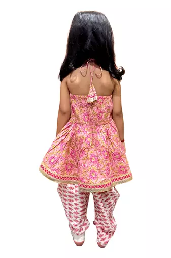 cotton sleeveless all over printed top with dhoti - peach & white