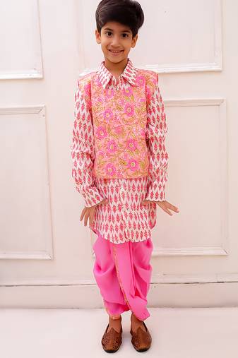 cotton fullsleeves all over printed  kurta with dhoti - peach & white