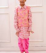 cotton fullsleeves all over printed  kurta with dhoti - peach & white