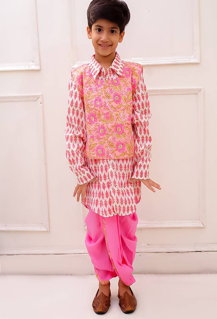 cotton fullsleeves all over printed  kurta with dhoti - peach & white