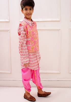cotton fullsleeves all over printed  kurta with dhoti - peach & white 3