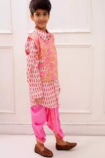 cotton fullsleeves all over printed  kurta with dhoti - peach & white