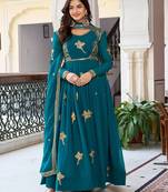 Teal Thread & Sequins Work Anarkali with Pant & Dupatta