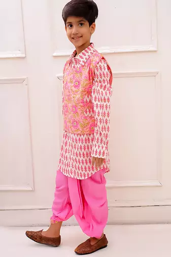 cotton fullsleeves all over printed  kurta with dhoti - peach & white