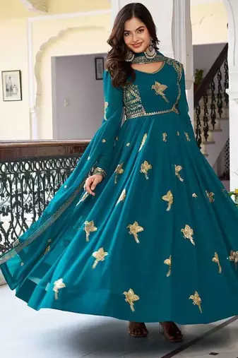 Teal Thread & Sequins Work Anarkali with Pant & Dupatta