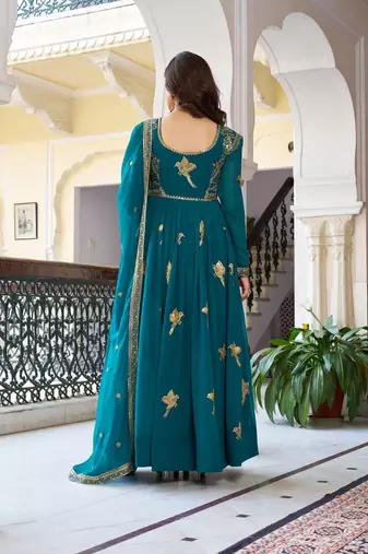 Teal Thread & Sequins Work Anarkali with Pant & Dupatta