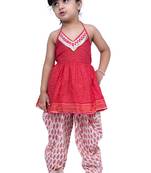 cotton sleeveless stripe design top with dhoti - pink & white