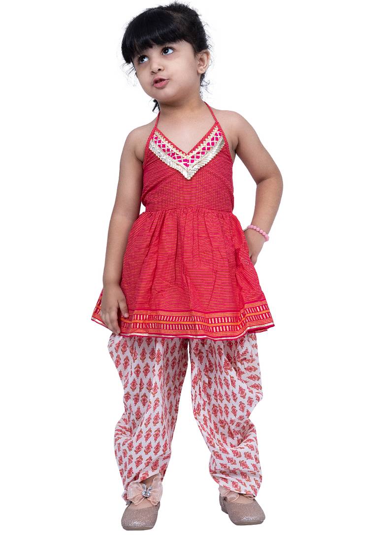 cotton sleeveless stripe design top with dhoti - pink & white
