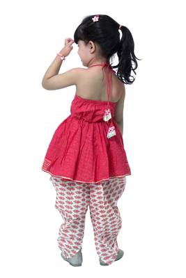 cotton sleeveless stripe design top with dhoti - pink & white 2