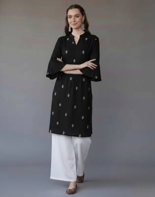 Black embroidered rayon kurta set 3