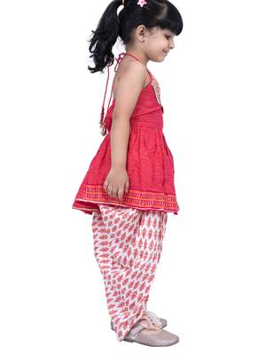 cotton sleeveless stripe design top with dhoti - pink & white 3