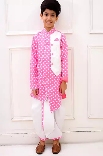 cotton fullsleeves all over printed kurta with  dhoti - babypink & white