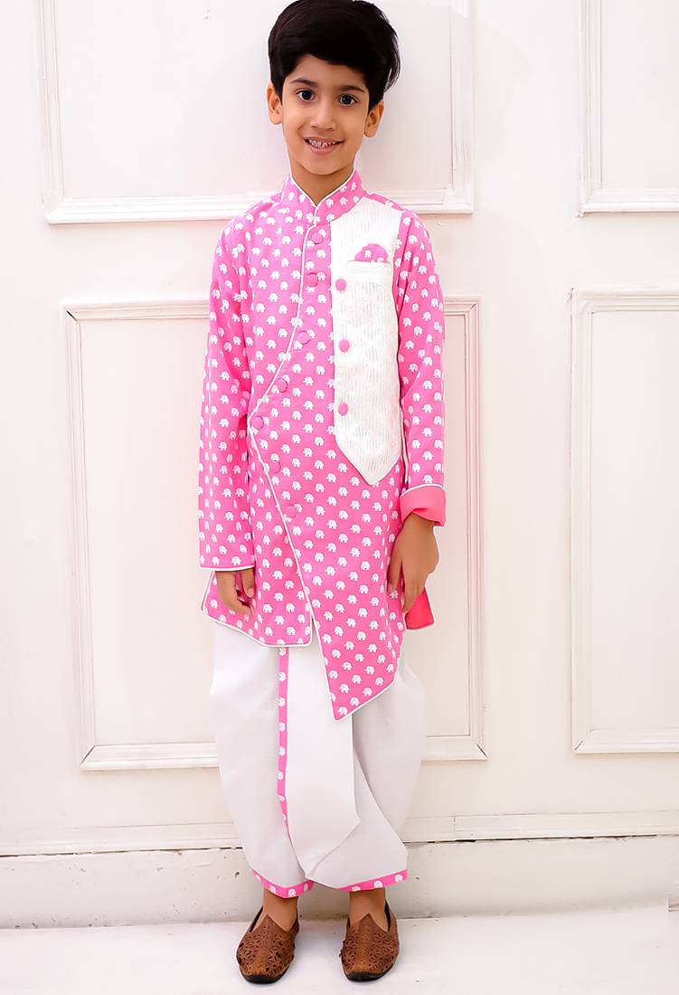 cotton fullsleeves all over printed kurta with  dhoti - babypink & white