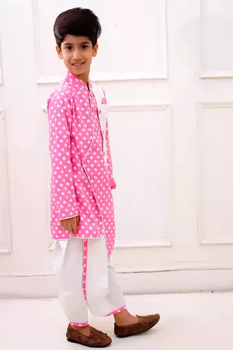 cotton fullsleeves all over printed kurta with  dhoti - babypink & white