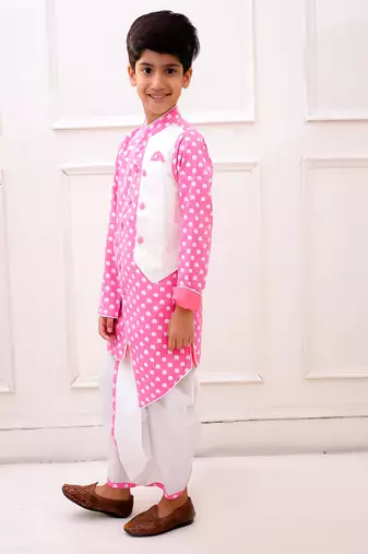 cotton fullsleeves all over printed kurta with  dhoti - babypink & white