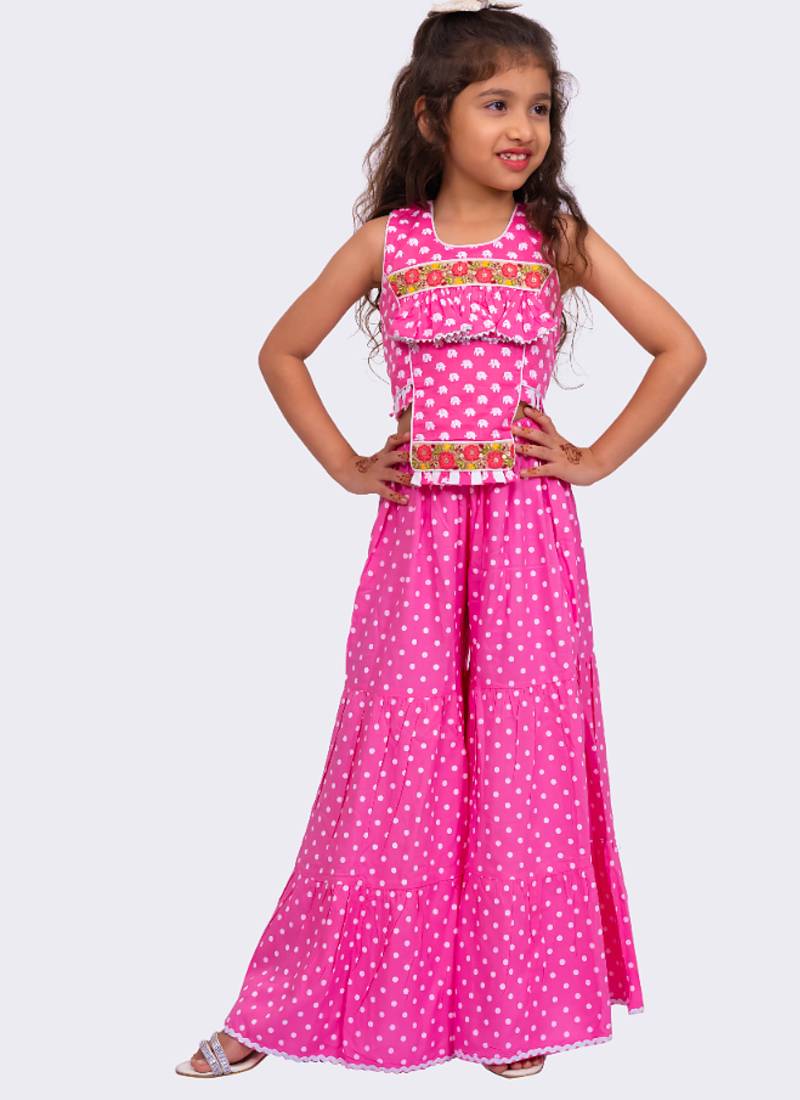 cotton sleeveless all over printed  top with sharara - babypink & white