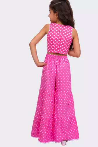 cotton sleeveless all over printed  top with sharara - babypink & white