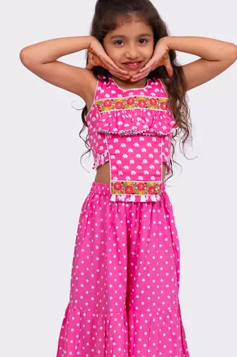 cotton sleeveless all over printed  top with sharara - babypink & white