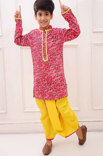 rayon fullsleeves butterfly printed  kurta with dhoti - coral & yellow