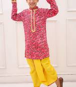rayon fullsleeves butterfly printed  kurta with dhoti - coral & yellow