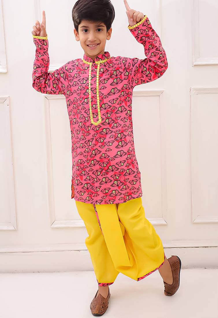 rayon fullsleeves butterfly printed  kurta with dhoti - coral & yellow
