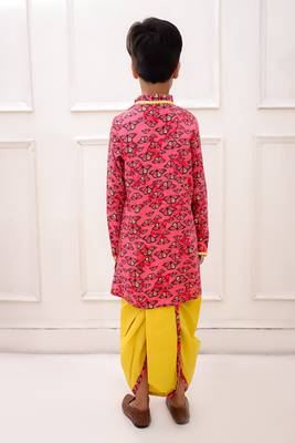 rayon fullsleeves butterfly printed  kurta with dhoti - coral & yellow 2