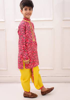rayon fullsleeves butterfly printed  kurta with dhoti - coral & yellow 3