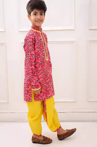rayon fullsleeves butterfly printed  kurta with dhoti - coral & yellow