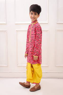rayon fullsleeves butterfly printed  kurta with dhoti - coral & yellow 4