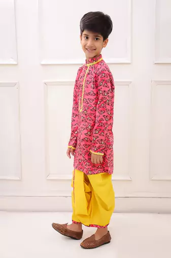 rayon fullsleeves butterfly printed  kurta with dhoti - coral & yellow